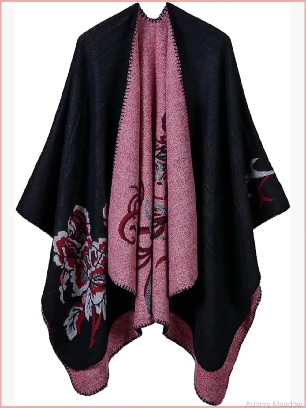 Retro Warm Floral Poncho Cape Open Front Sweater Shawl Cardigan